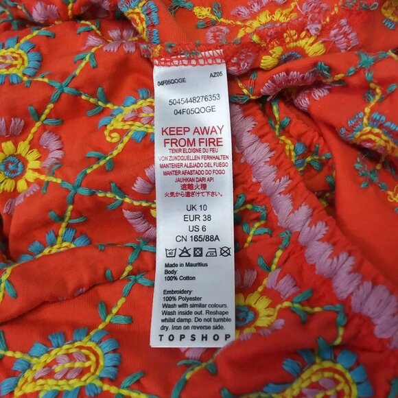 Topshop Cropped Peasant Top Fully Embroidered Orange Floral Womens 6 NEW - Picture 5 of 8